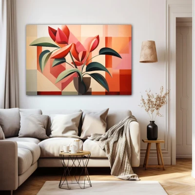 Wall Art titled: Botanical Garden Cubed in a Horizontal format with: Red, Green, and Pastel Colors; Decoration the Beige Wall wall