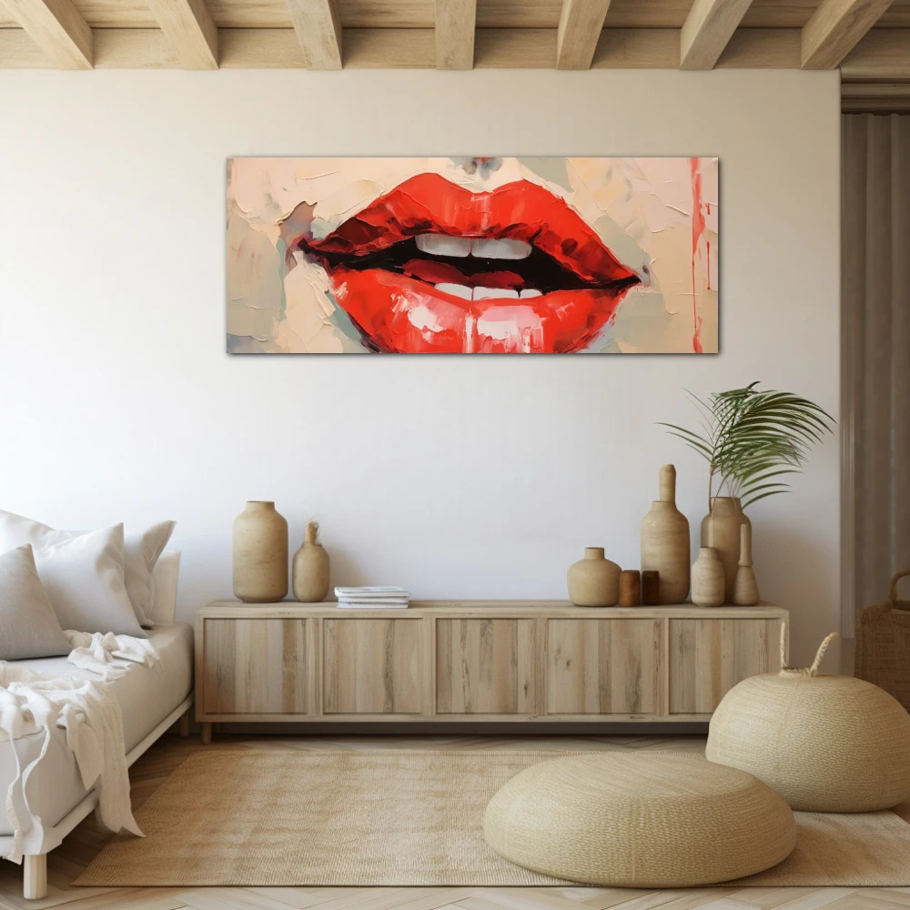 Cuadro labios de miel en formato apaisado con colores rojo, pastel; decorando pared beige