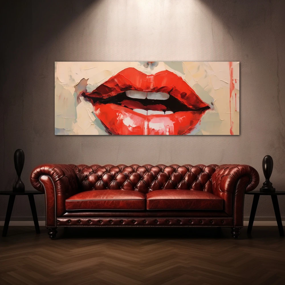 Cuadro labios de miel en formato apaisado con colores rojo, pastel; decorando pared de encima del sofá