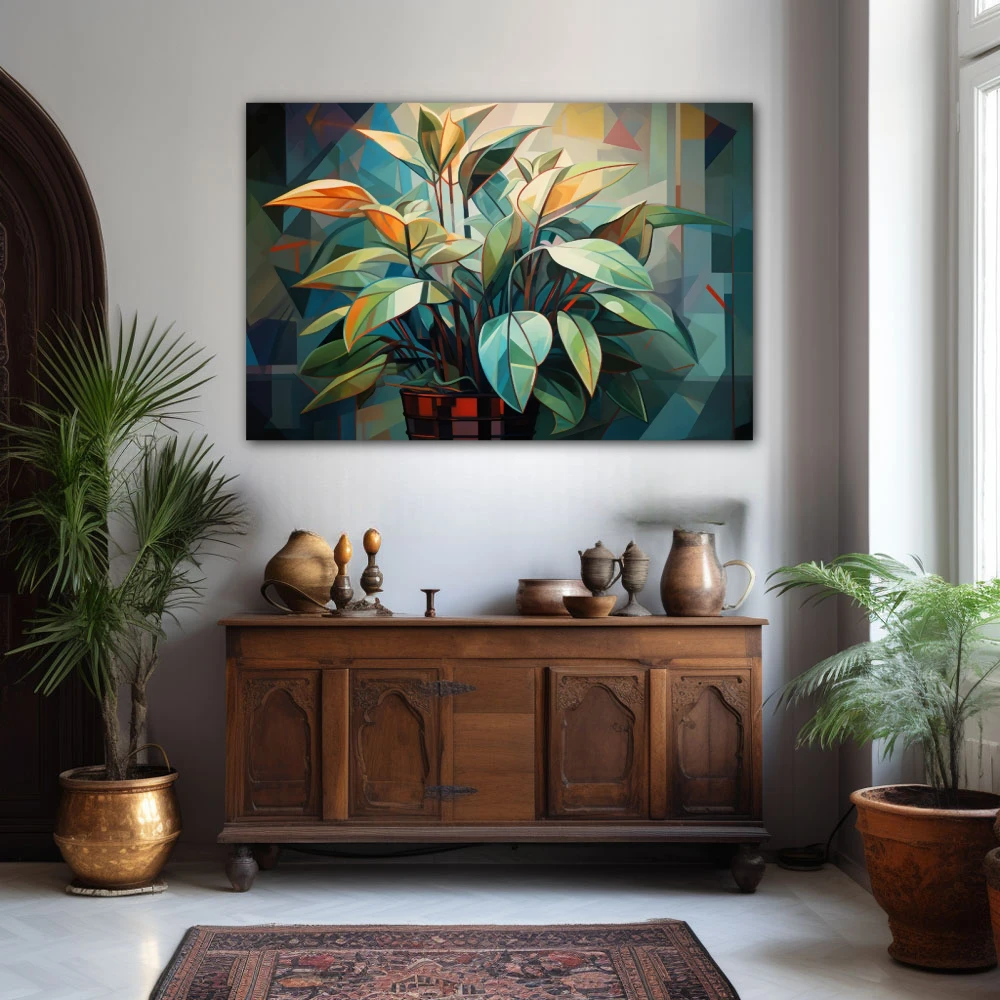 Wall Art titled: Life Among Perfect Angles in a Horizontal format with: Green, and Vivid Colors; Decoration the Sideboard wall