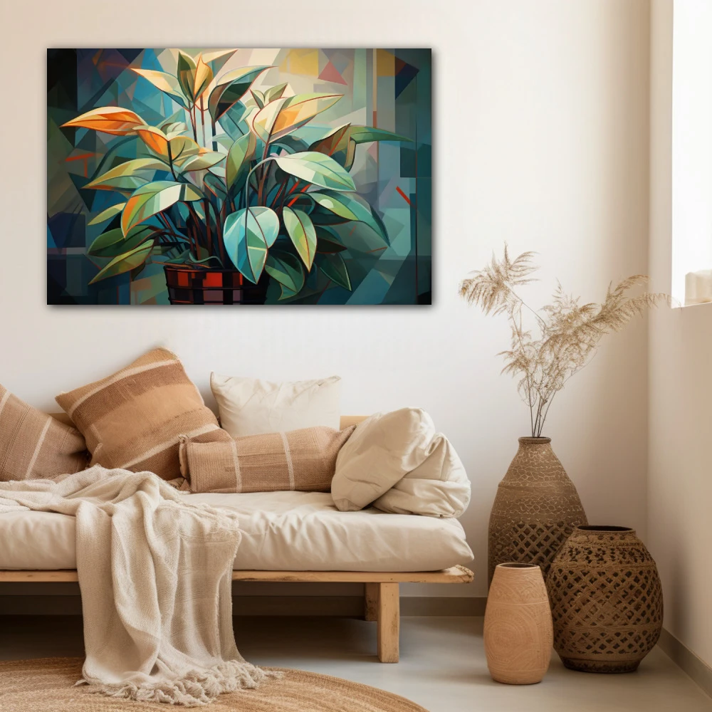 Cuadro vida entre Ángulos perfectos en formato horizontal con colores verde, vivos; decorando pared beige