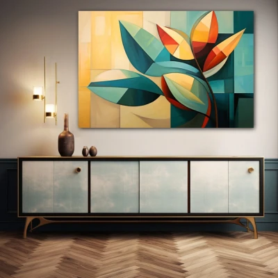 Wall Art titled: Reflections of Chlorophyll in a Horizontal format with: Yellow, Orange, and Green Colors; Decoration the Sideboard wall