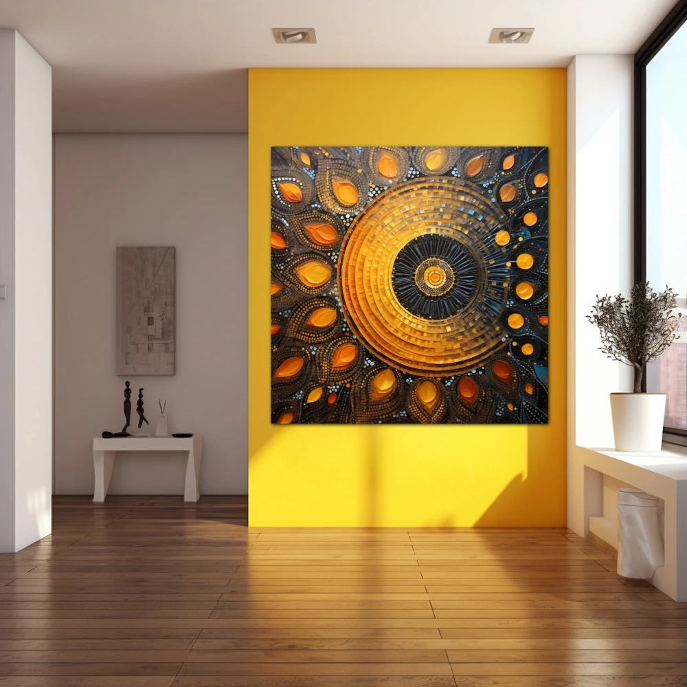 Wall Art titled: Sacred Geometry in a Square format with: Yellow, Blue, and Orange Colors; Decoration the Yellow Walls wall