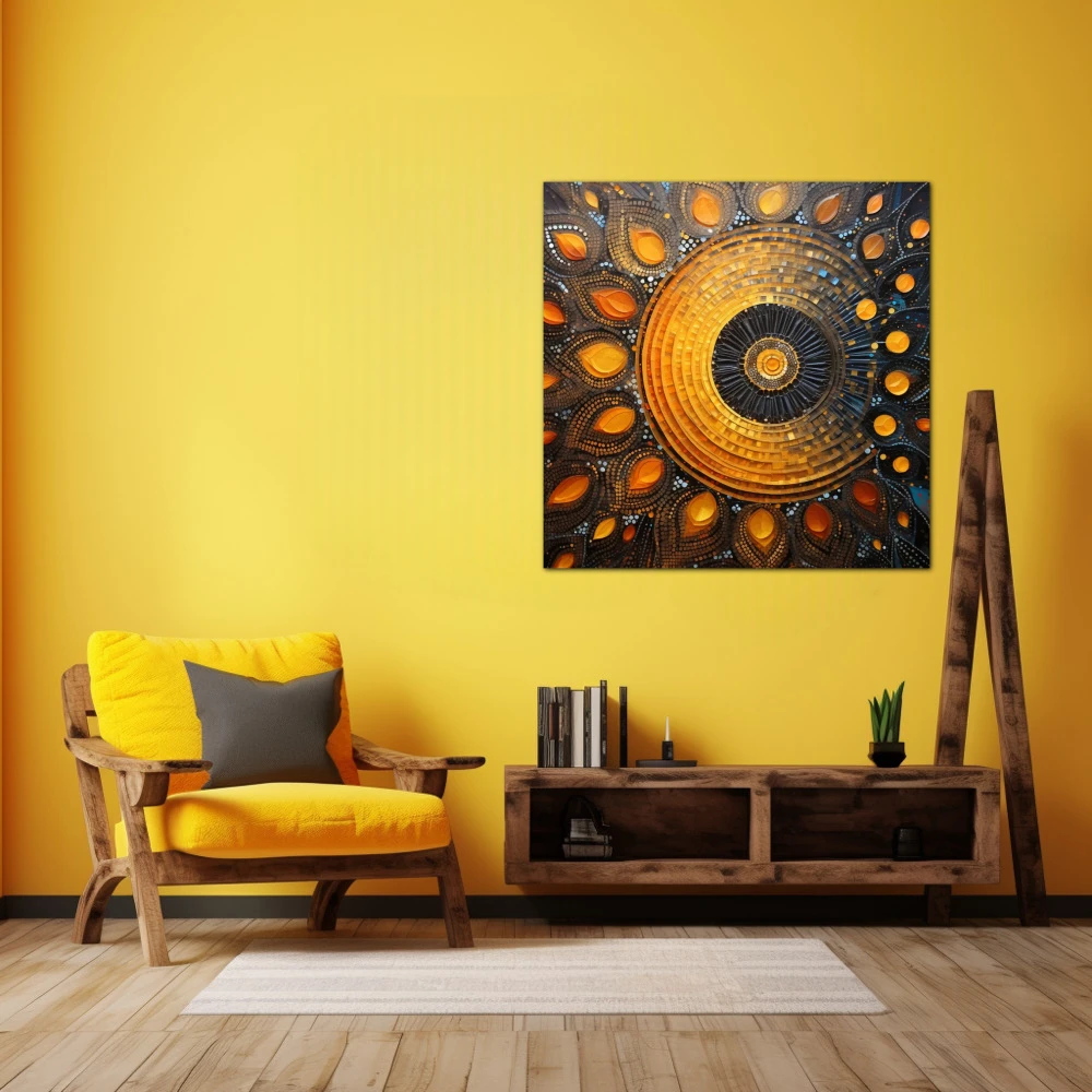 Wall Art titled: Sacred Geometry in a Square format with: Yellow, Blue, and Orange Colors; Decoration the Yellow Walls wall