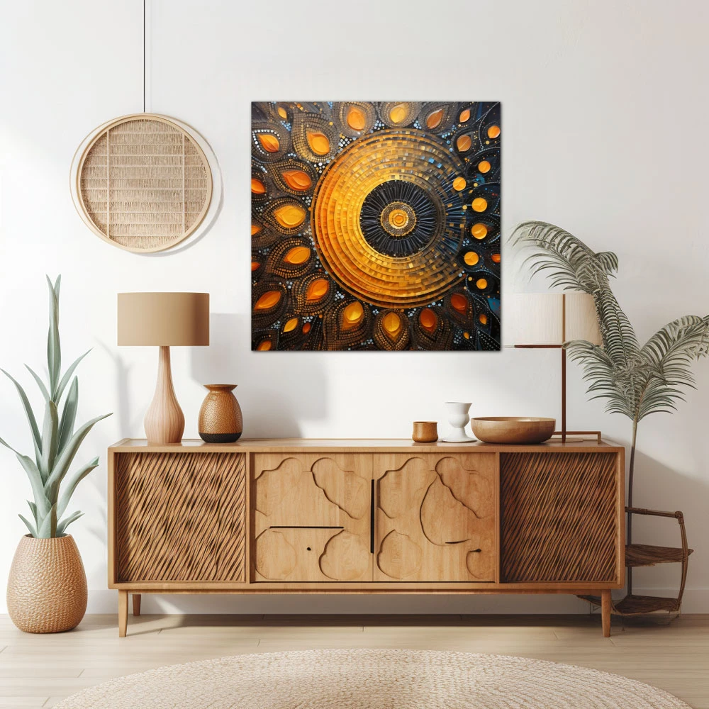 Wall Art titled: Sacred Geometry in a Square format with: Yellow, Blue, and Orange Colors; Decoration the Sideboard wall