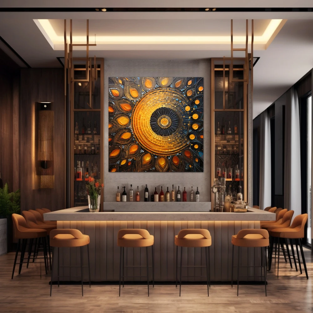 Wall Art titled: Sacred Geometry in a Square format with: Yellow, Blue, and Orange Colors; Decoration the Bar wall