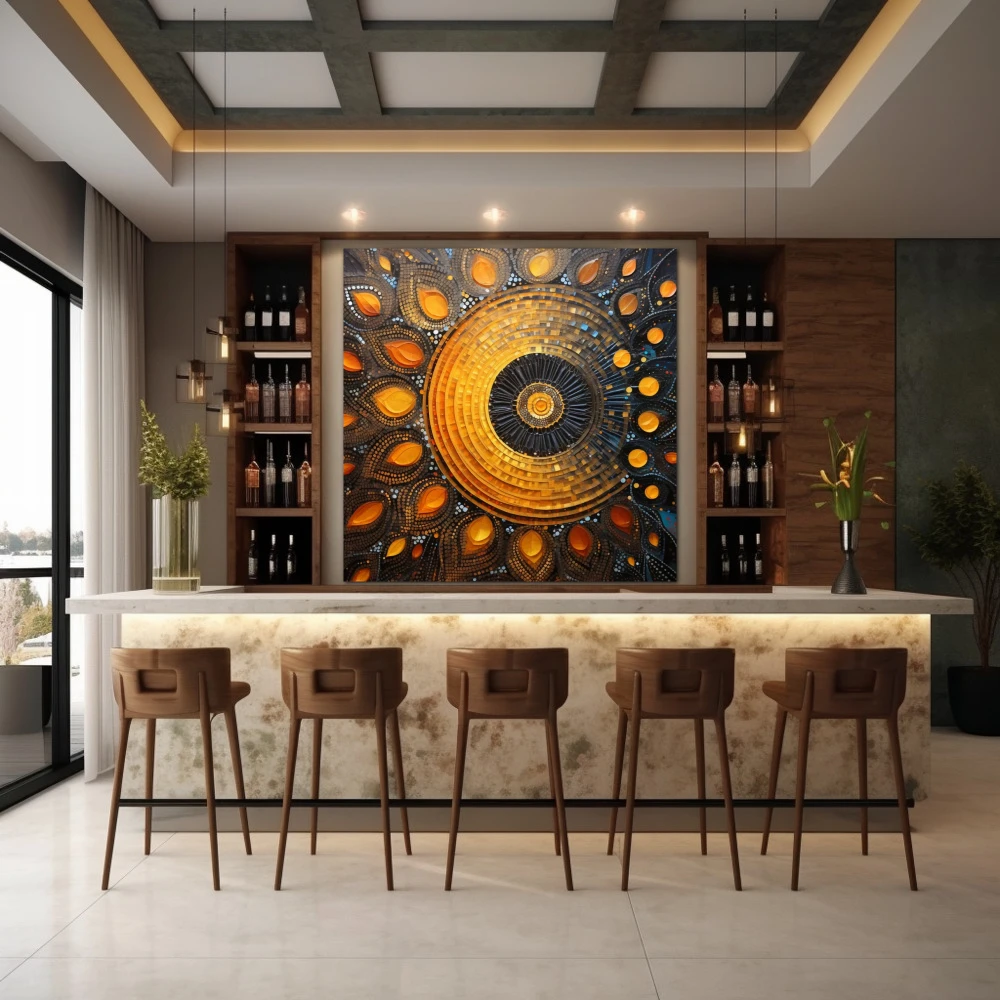 Wall Art titled: Sacred Geometry in a Square format with: Yellow, Blue, and Orange Colors; Decoration the Bar wall