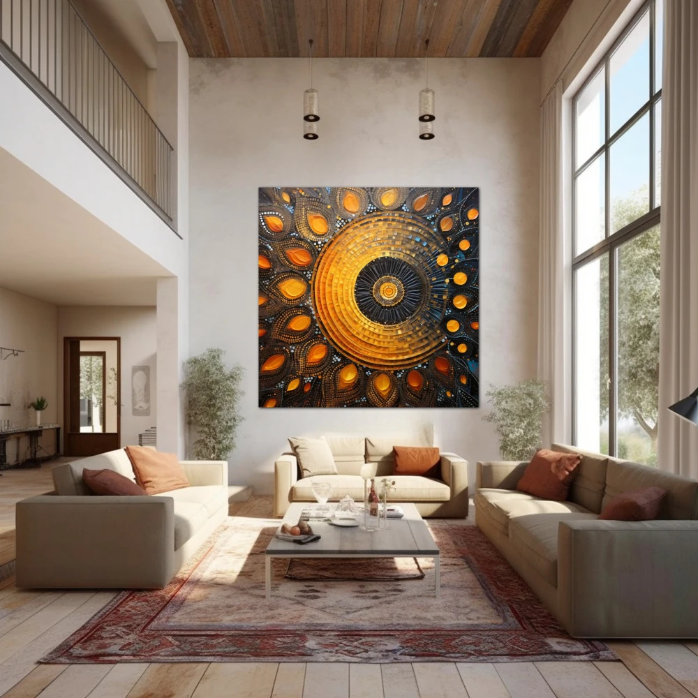 Wall Art titled: Sacred Geometry in a Square format with: Yellow, Blue, and Orange Colors; Decoration the Above Couch wall