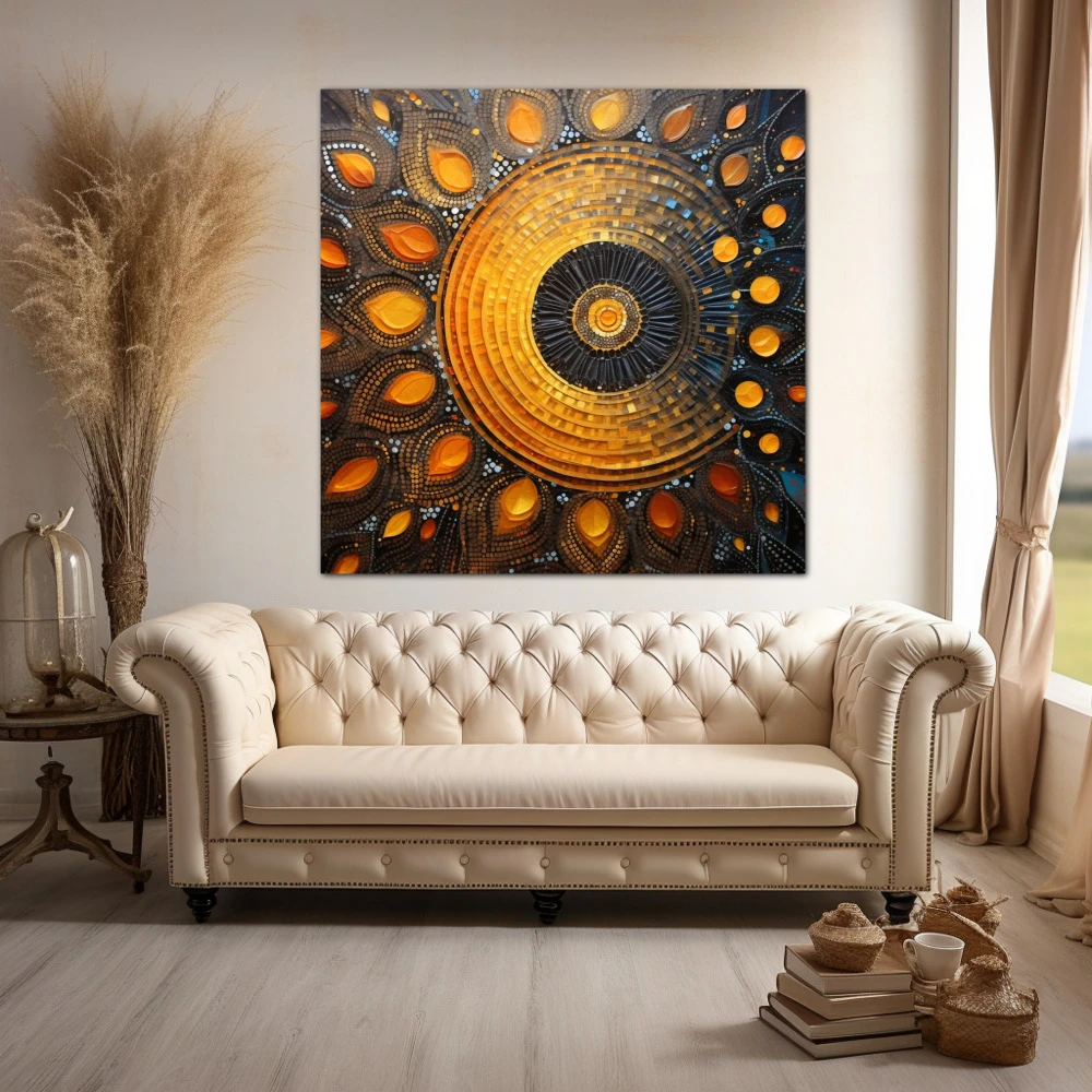 Wall Art titled: Sacred Geometry in a Square format with: Yellow, Blue, and Orange Colors; Decoration the Above Couch wall