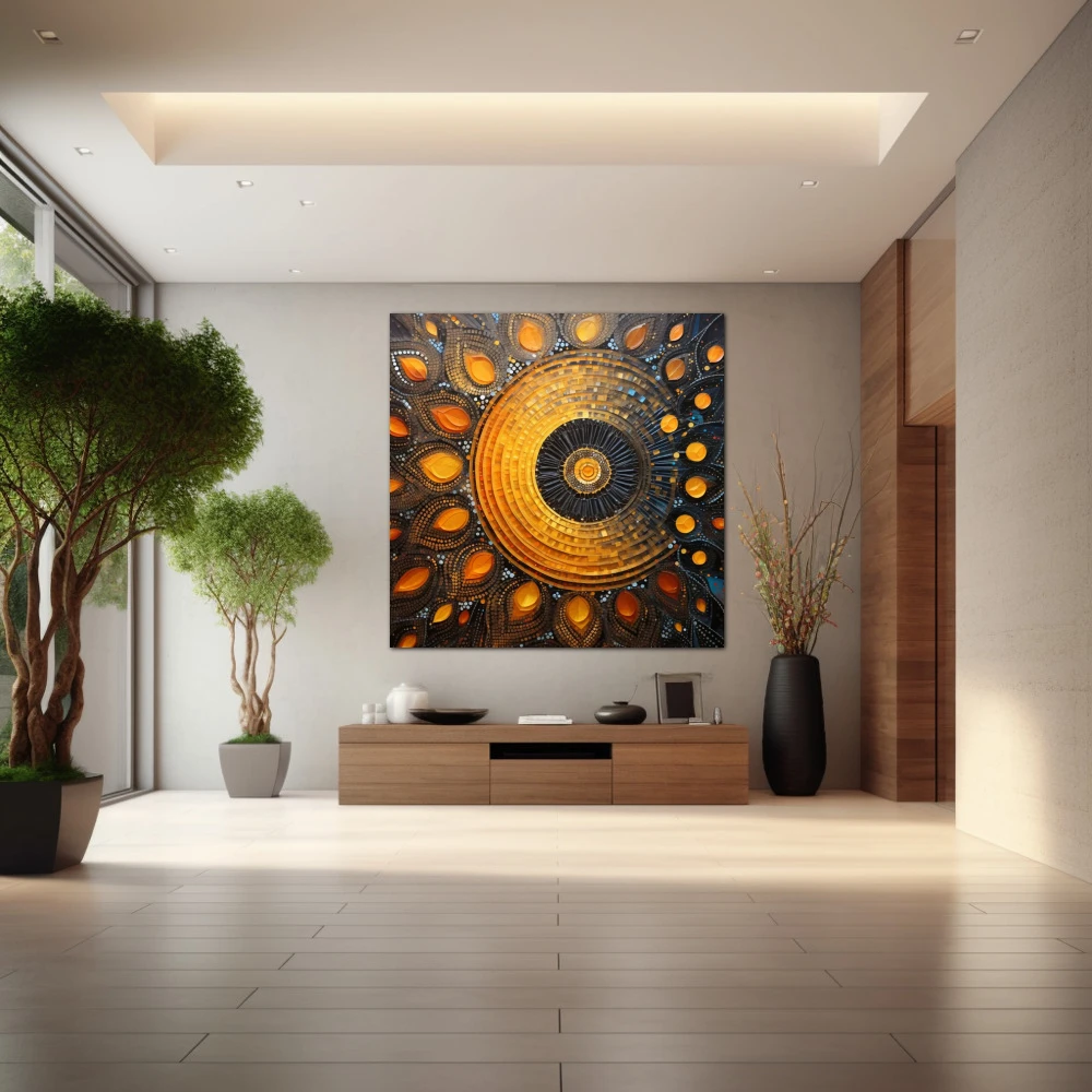 Wall Art titled: Sacred Geometry in a Square format with: Yellow, Blue, and Orange Colors; Decoration the Entryway wall