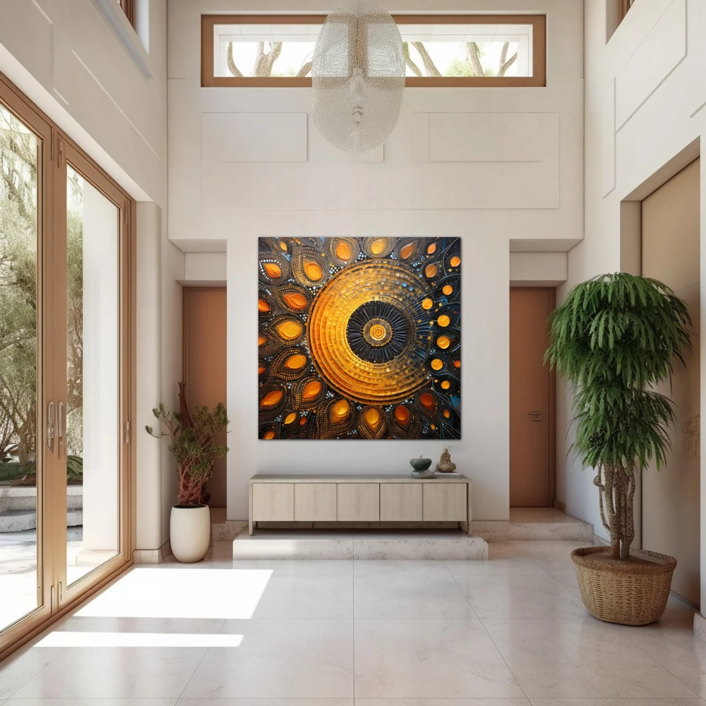 Wall Art titled: Sacred Geometry in a Square format with: Yellow, Blue, and Orange Colors; Decoration the Entryway wall