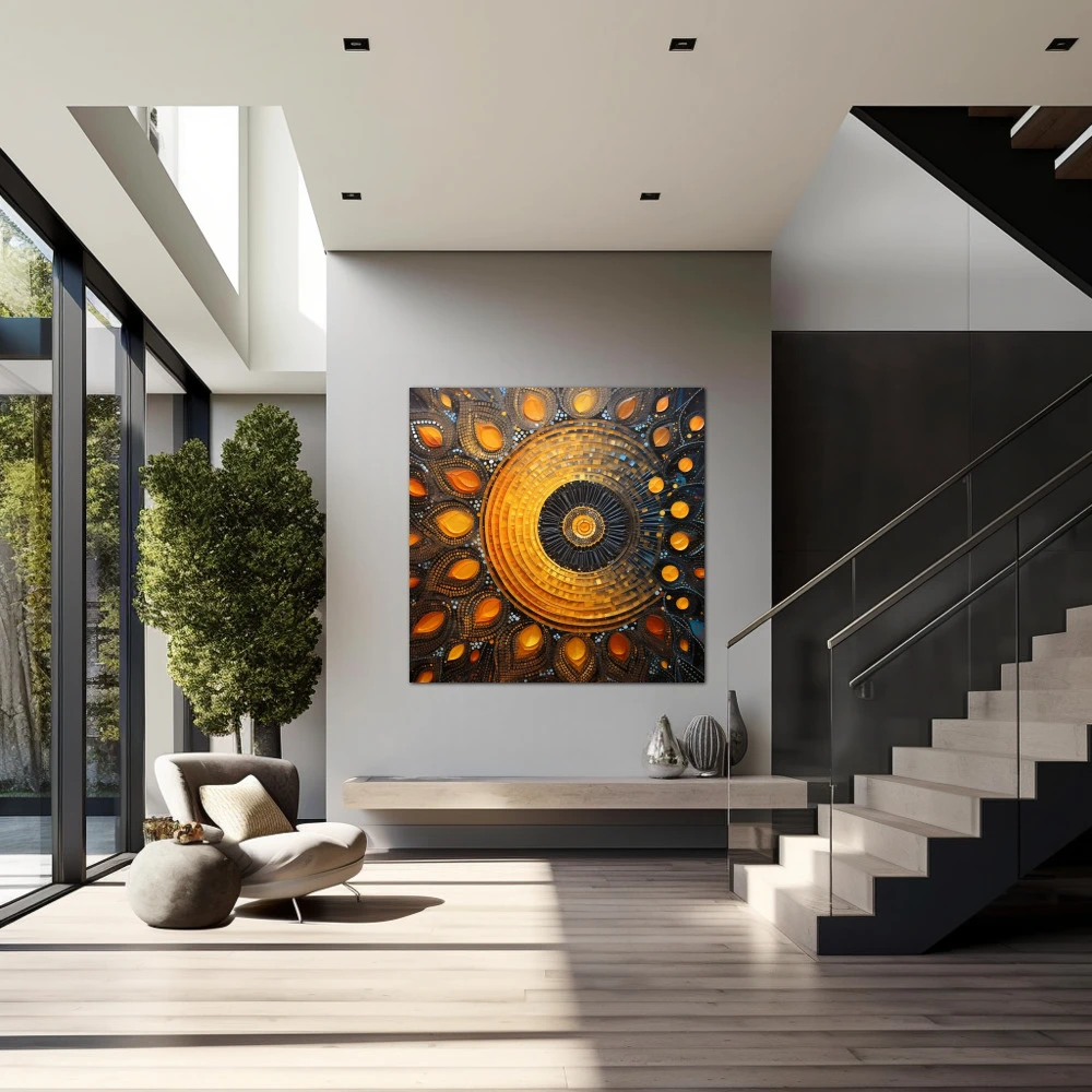 Wall Art titled: Sacred Geometry in a Square format with: Yellow, Blue, and Orange Colors; Decoration the Staircase wall