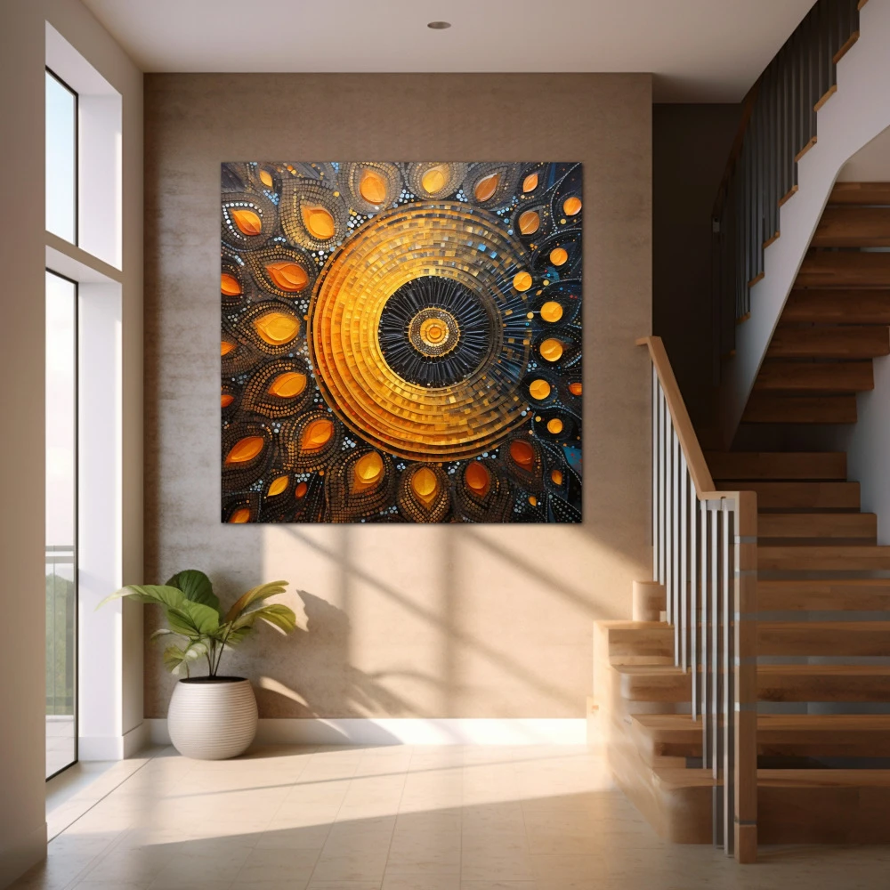 Wall Art titled: Sacred Geometry in a Square format with: Yellow, Blue, and Orange Colors; Decoration the Staircase wall