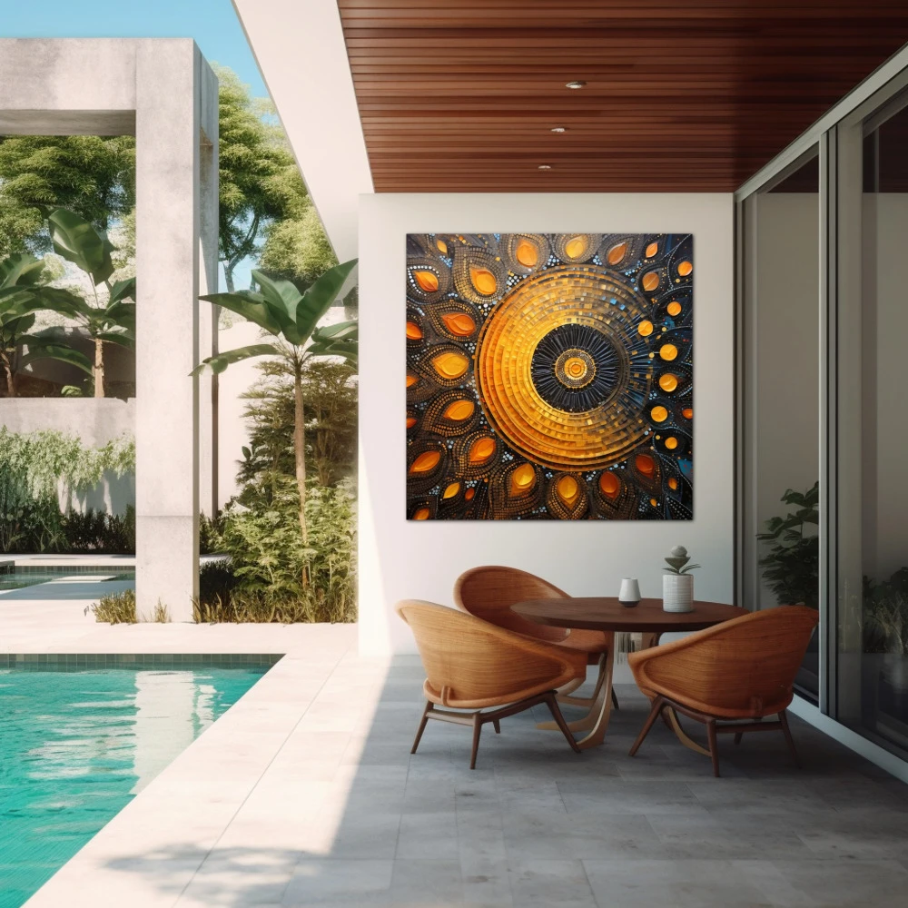 Wall Art titled: Sacred Geometry in a Square format with: Yellow, Blue, and Orange Colors; Decoration the Outdoor wall