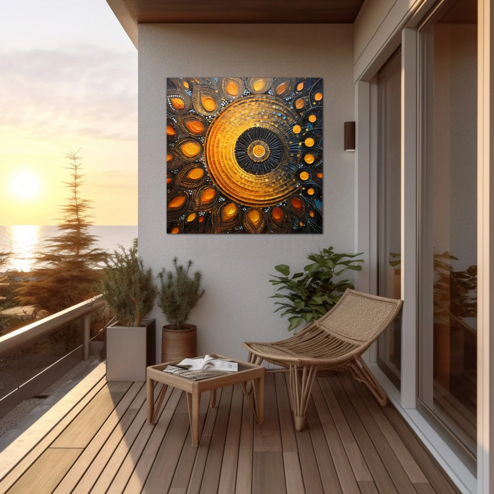 Wall Art titled: Sacred Geometry in a Square format with: Yellow, Blue, and Orange Colors; Decoration the Outdoor wall