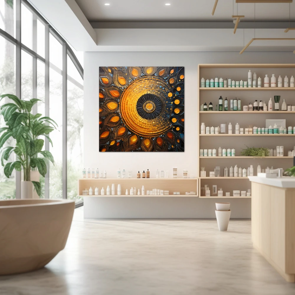 Wall Art titled: Sacred Geometry in a Square format with: Yellow, Blue, and Orange Colors; Decoration the Pharmacy wall