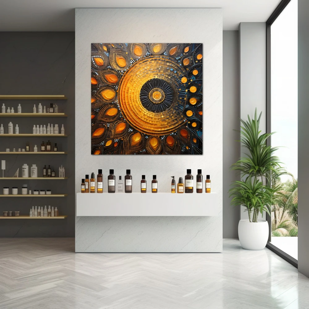 Wall Art titled: Sacred Geometry in a Square format with: Yellow, Blue, and Orange Colors; Decoration the Pharmacy wall