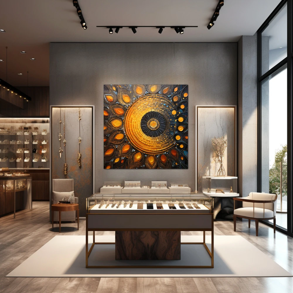 Wall Art titled: Sacred Geometry in a Square format with: Yellow, Blue, and Orange Colors; Decoration the Jewellery wall