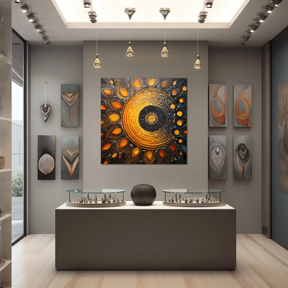 Wall Art titled: Sacred Geometry in a Square format with: Yellow, Blue, and Orange Colors; Decoration the Jewellery wall