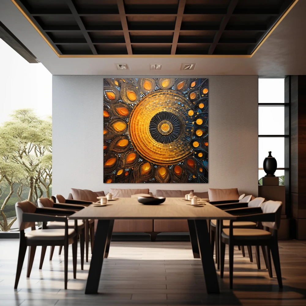 Wall Art titled: Sacred Geometry in a Square format with: Yellow, Blue, and Orange Colors; Decoration the Restaurant wall