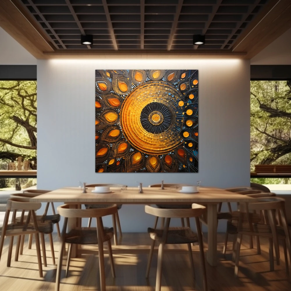 Wall Art titled: Sacred Geometry in a Square format with: Yellow, Blue, and Orange Colors; Decoration the Restaurant wall