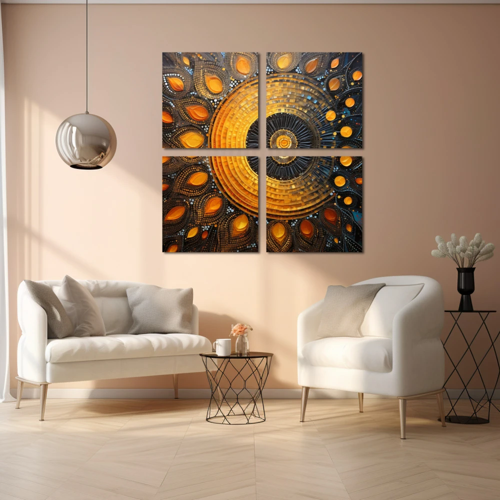 Wall Art titled: Sacred Geometry in a Square format with: Yellow, Blue, and Orange Colors; Decoration the Living Room wall