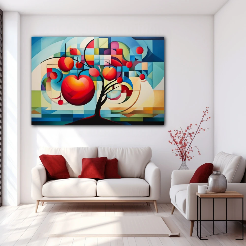 Wall Art titled: Metamorphosis of the Apple in a Horizontal format with: Blue, Red, and Vivid Colors; Decoration the White Wall wall