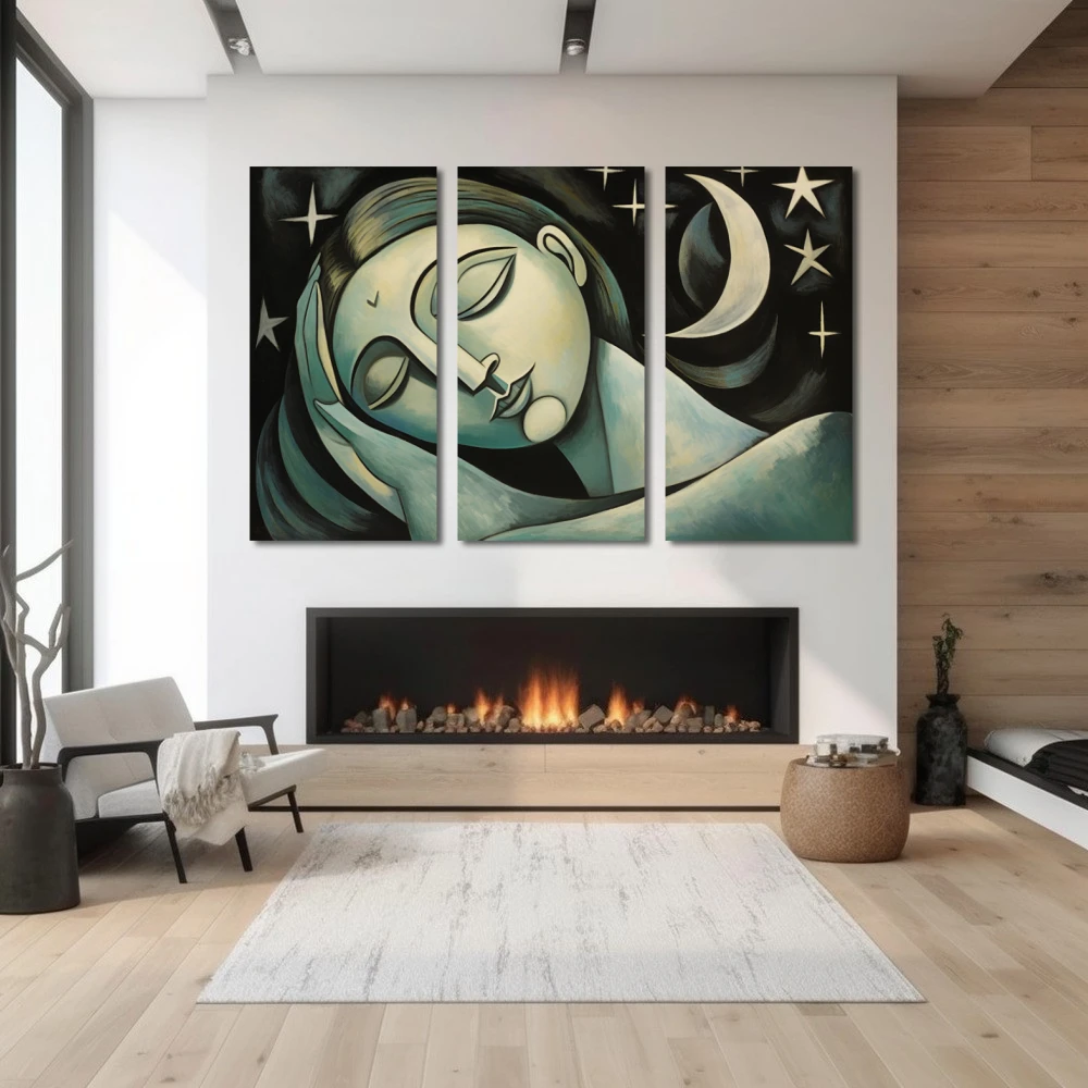 Cuadro promesas bajo la luna en formato tríptico con colores gris, verde, monocromático; decorando pared de chimenea