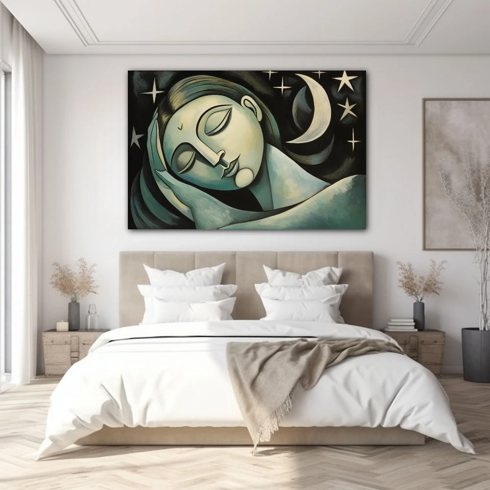 Cuadro promesas bajo la luna en formato horizontal con colores gris, verde, monocromático; decorando pared de habitación dormitorio