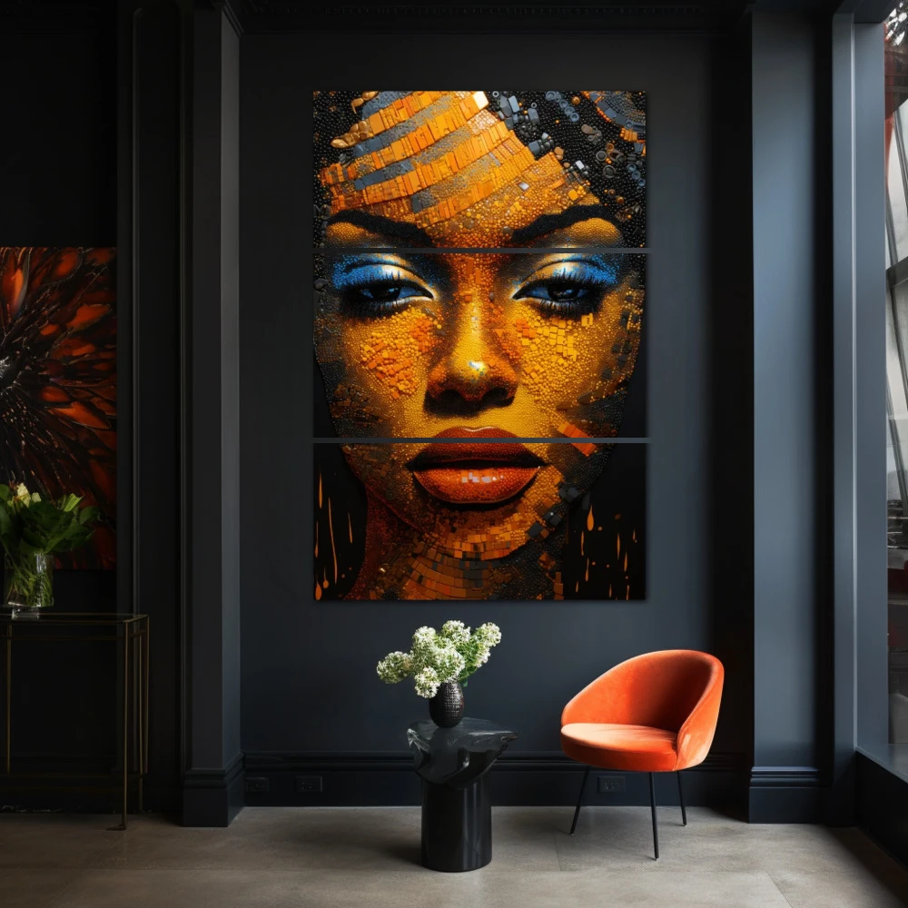 Cuadro eva del desierto en formato vertical con colores azul, mostaza, naranja; decorando pared negra