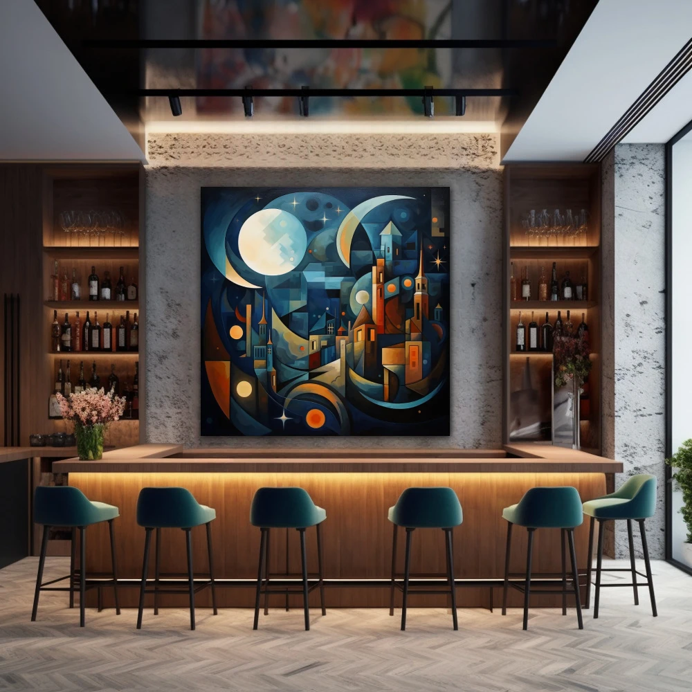 Wall Art titled: When the Night Illuminates in a Square format with: Blue, Orange, and Navy Blue Colors; Decoration the Bar wall