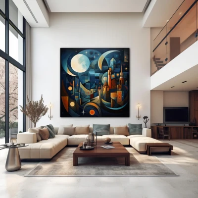 Cuadro cuando la noche ilumina en formato cuadrado con colores azul, naranja; decorando pared de encima del sofá
