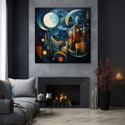 Cuadro cuando la noche ilumina en formato cuadrado con colores azul, naranja; decorando pared gris