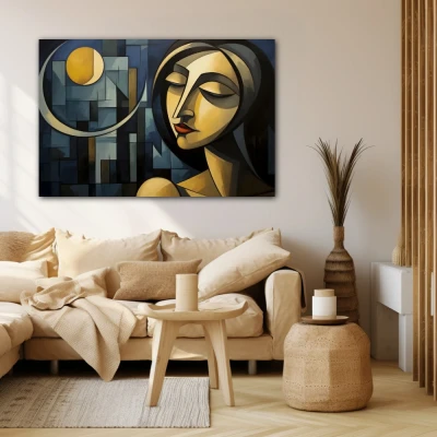 Cuadro inspiración crepuscular en formato horizontal con colores amarillo, azul; decorando pared beige