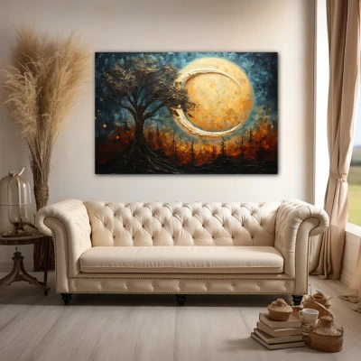 Wall Art titled: Dreamscape Silhouette in a  format with: Sky blue, Brown, and Beige Colors; Decoration the Above Couch wall