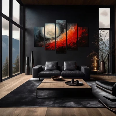 Cuadro luna de sangre en formato políptico con colores gris, negro, rojo; decorando pared negra