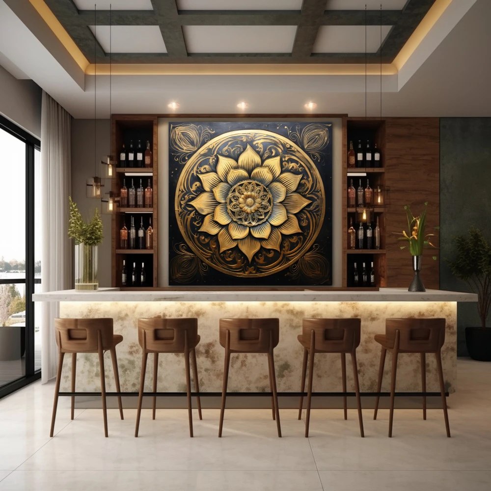 Wall Art titled: Lotus of the Golden Stillness in a Square format with: Golden, and Black Colors; Decoration the Bar wall