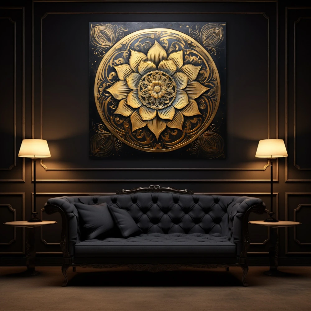 Wall Art titled: Lotus of the Golden Stillness in a Square format with: Golden, and Black Colors; Decoration the Above Couch wall