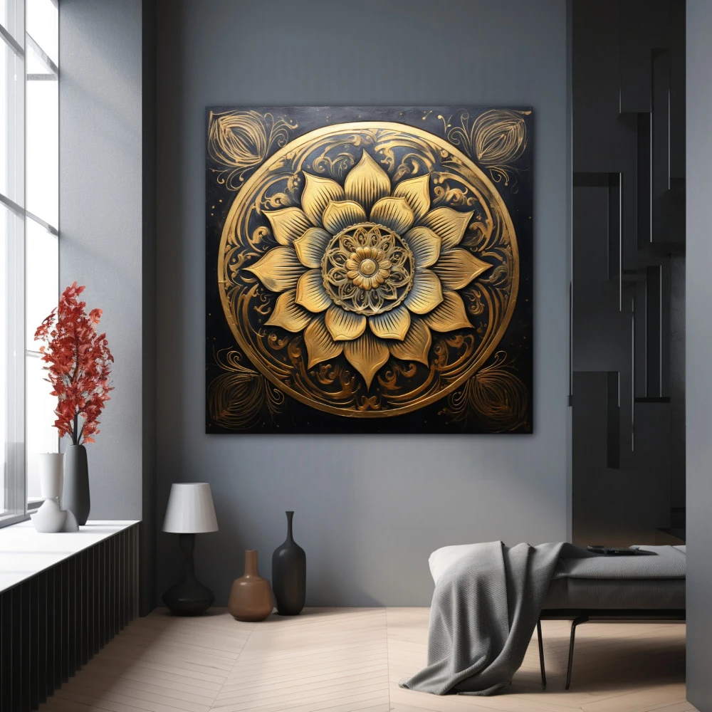 Wall Art titled: Lotus of the Golden Stillness in a Square format with: Golden, and Black Colors; Decoration the Grey Walls wall