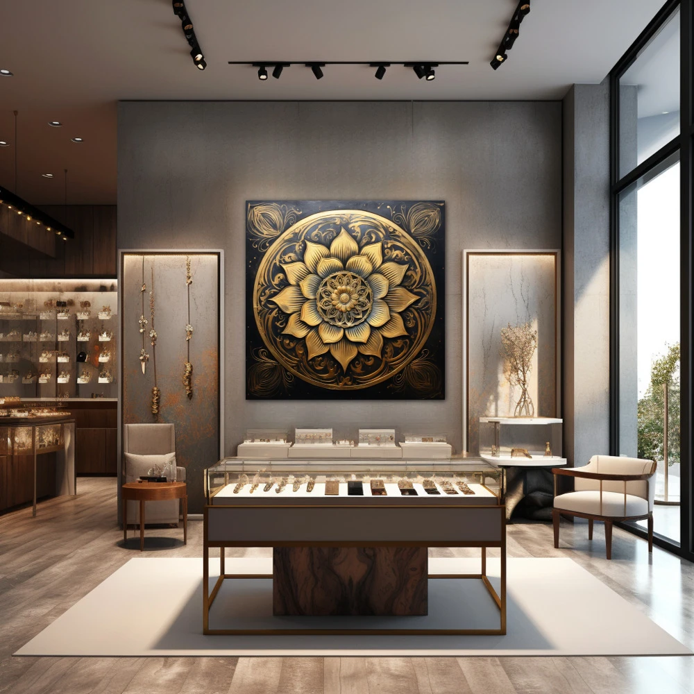 Wall Art titled: Lotus of the Golden Stillness in a Square format with: Golden, and Black Colors; Decoration the Jewellery wall