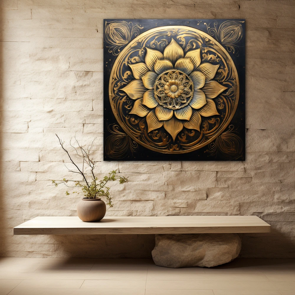 Cuadro loto de la quietud dorada en formato cuadrado con colores dorado, negro; decorando pared piedra