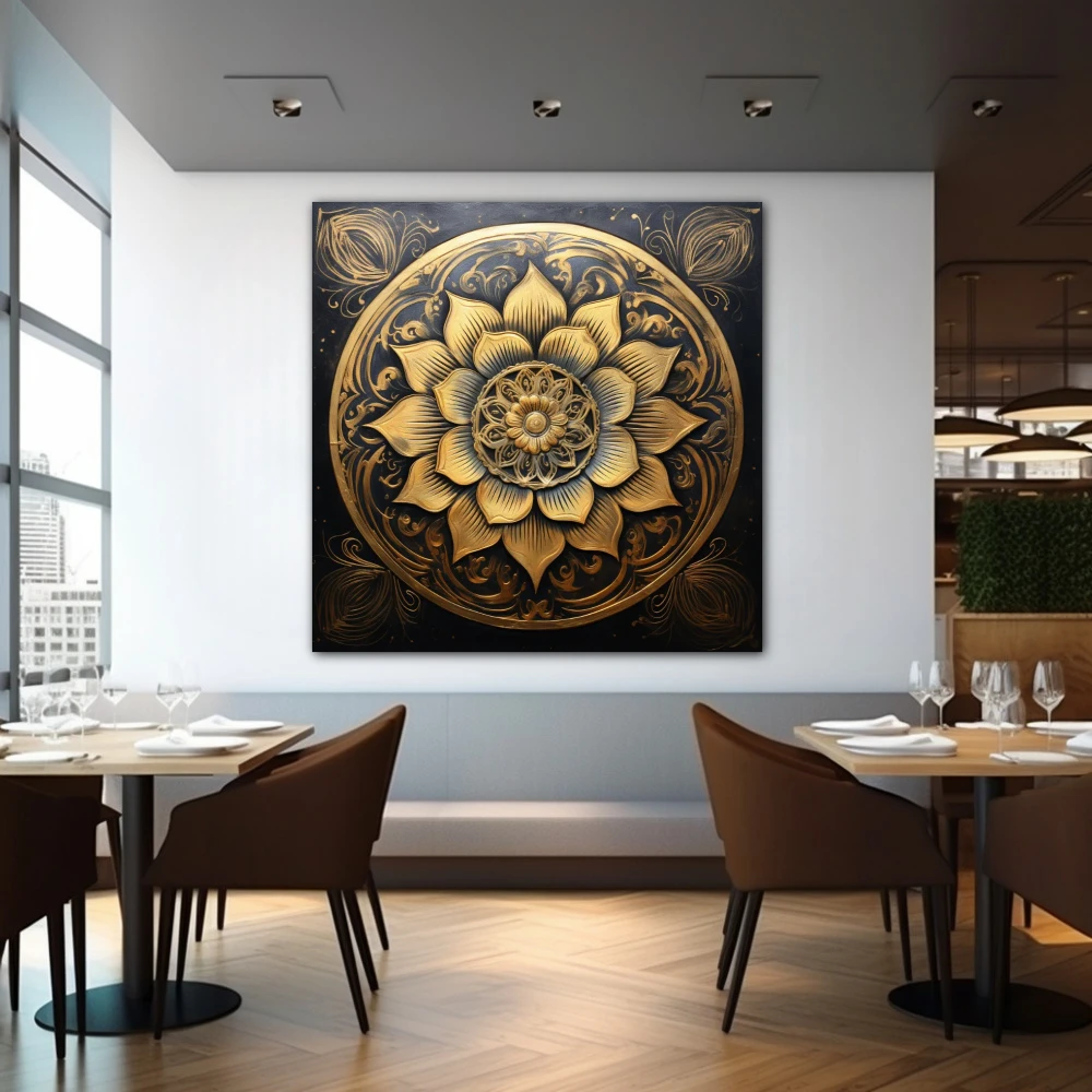 Wall Art titled: Lotus of the Golden Stillness in a Square format with: Golden, and Black Colors; Decoration the Restaurant wall