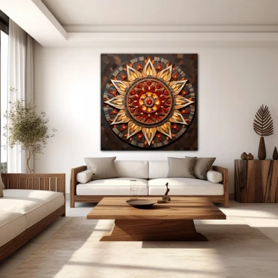 Cuadro armonía concéntrica en formato cuadrado con colores marrón, beige; decorando pared blanca