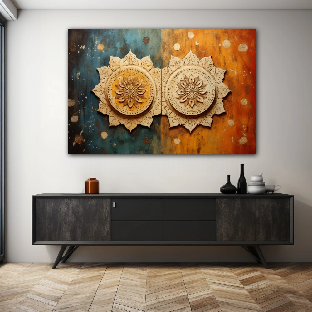 Wall Art titled: Symmetrical Duality in a Horizontal format with: Sky blue, Brown, and Orange Colors; Decoration the Sideboard wall