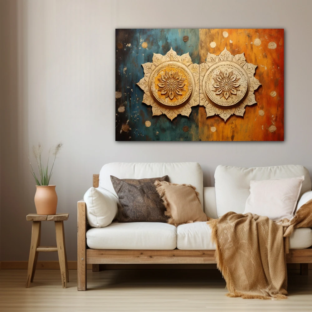 Wall Art titled: Symmetrical Duality in a Horizontal format with: Sky blue, Brown, and Orange Colors; Decoration the Beige Wall wall