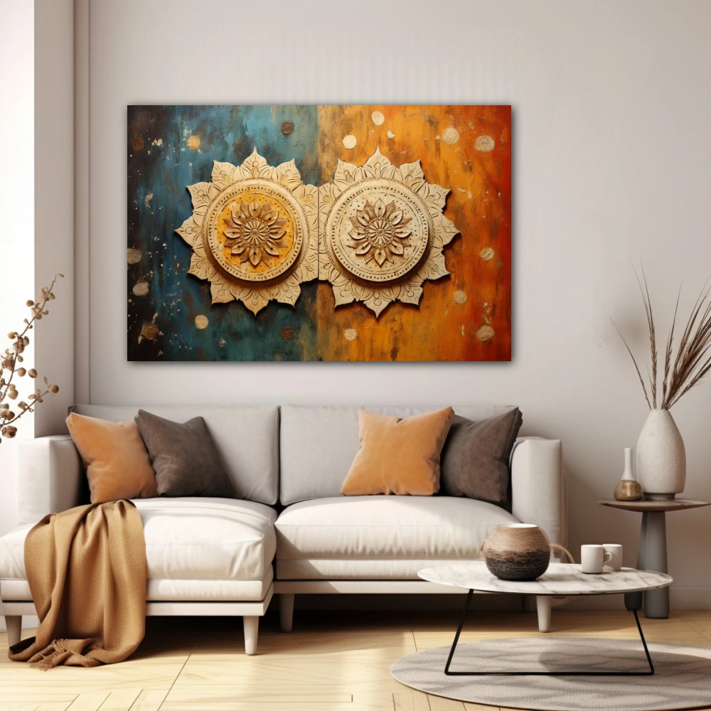 Wall Art titled: Symmetrical Duality in a Horizontal format with: Sky blue, Brown, and Orange Colors; Decoration the White Wall wall