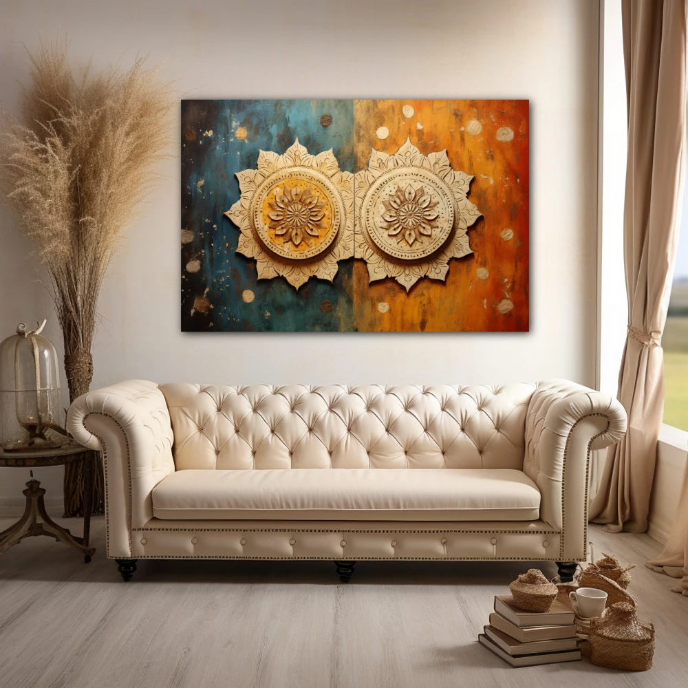 Wall Art titled: Symmetrical Duality in a Horizontal format with: Sky blue, Brown, and Orange Colors; Decoration the Above Couch wall