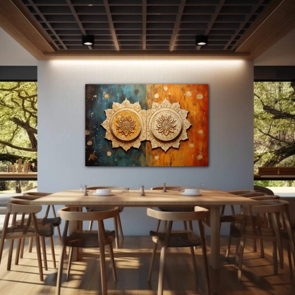 Wall Art titled: Symmetrical Duality in a Horizontal format with: Sky blue, Brown, and Orange Colors; Decoration the Restaurant wall