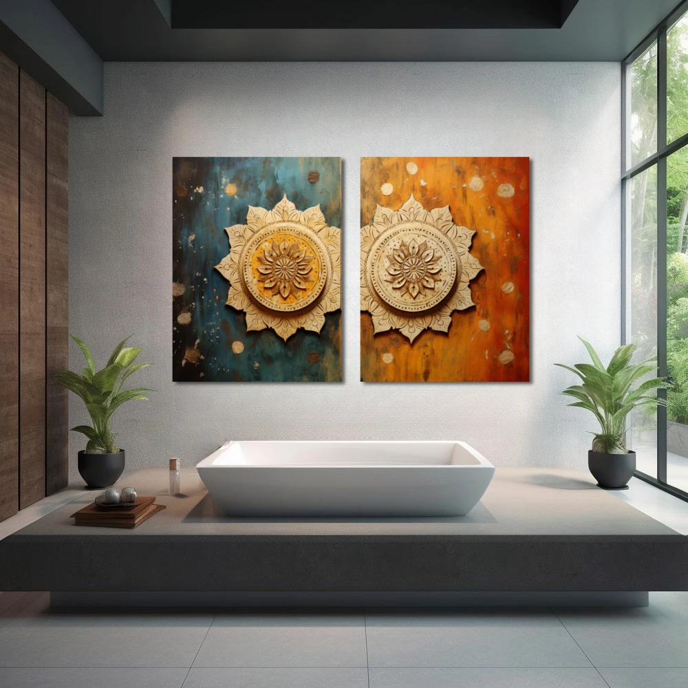 Wall Art titled: Symmetrical Duality in a Horizontal format with: Sky blue, Brown, and Orange Colors; Decoration the Wellbeing wall