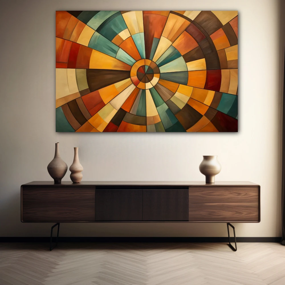 Wall Art titled: Chromatic Spiral Vortex in a Horizontal format with: Brown, Orange, and Beige Colors; Decoration the Sideboard wall